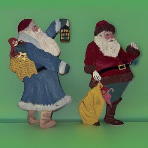 Rustic Primitive Old World Santa Antique Hand Painted Folk Art Stakes Garden